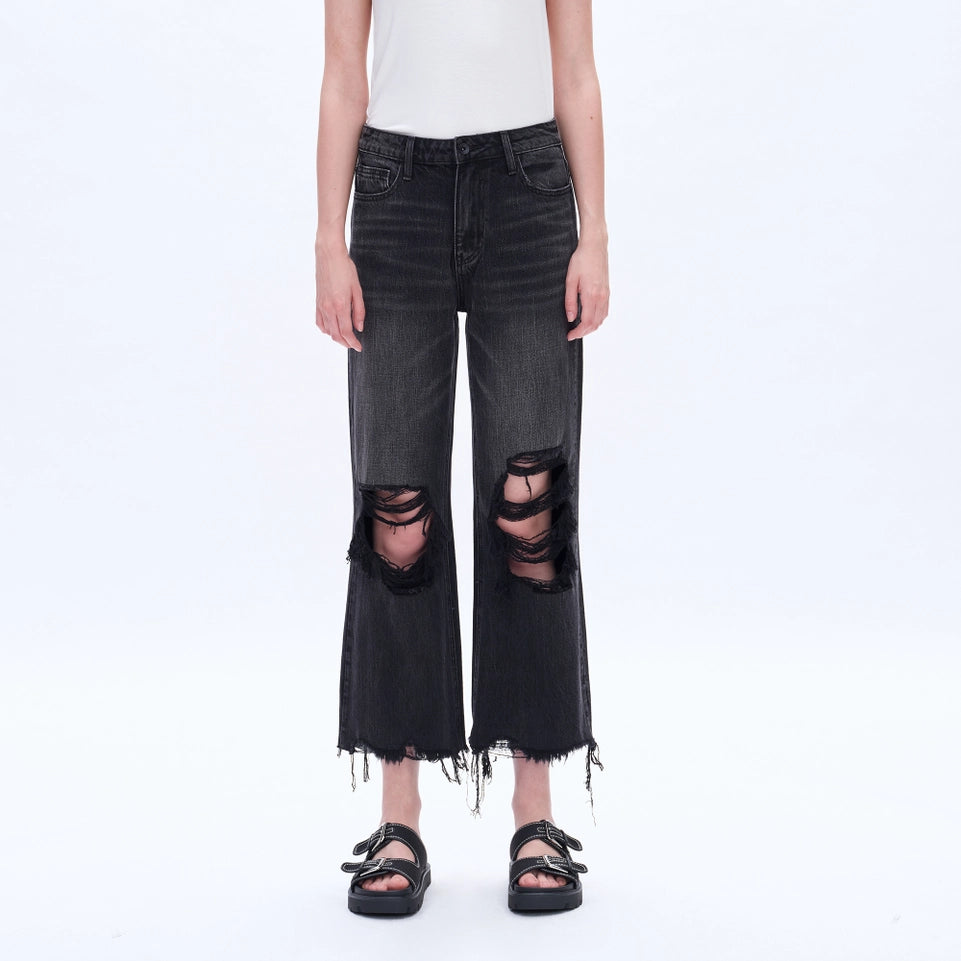 Super High Rise Flare Jeans with Raw Hem NIGHT SPIRIT-Jeans-BAYEAS-24-NIGHT SPIRIT-Urbanheer