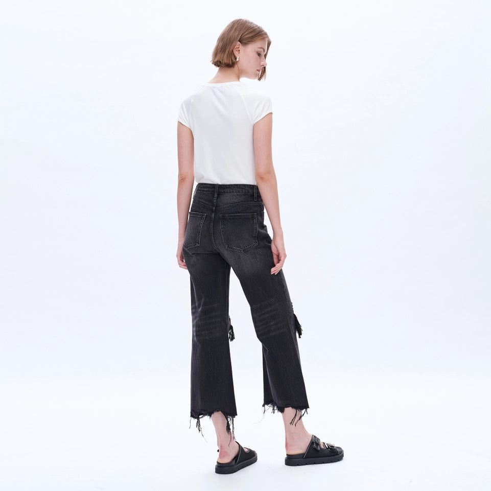 Super High Rise Flare Jeans with Raw Hem NIGHT SPIRIT-Jeans-BAYEAS-24-NIGHT SPIRIT-Urbanheer