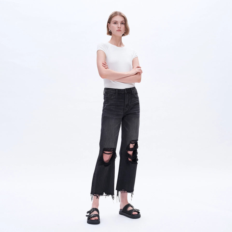 Super High Rise Flare Jeans with Raw Hem NIGHT SPIRIT-Jeans-BAYEAS-24-NIGHT SPIRIT-Urbanheer