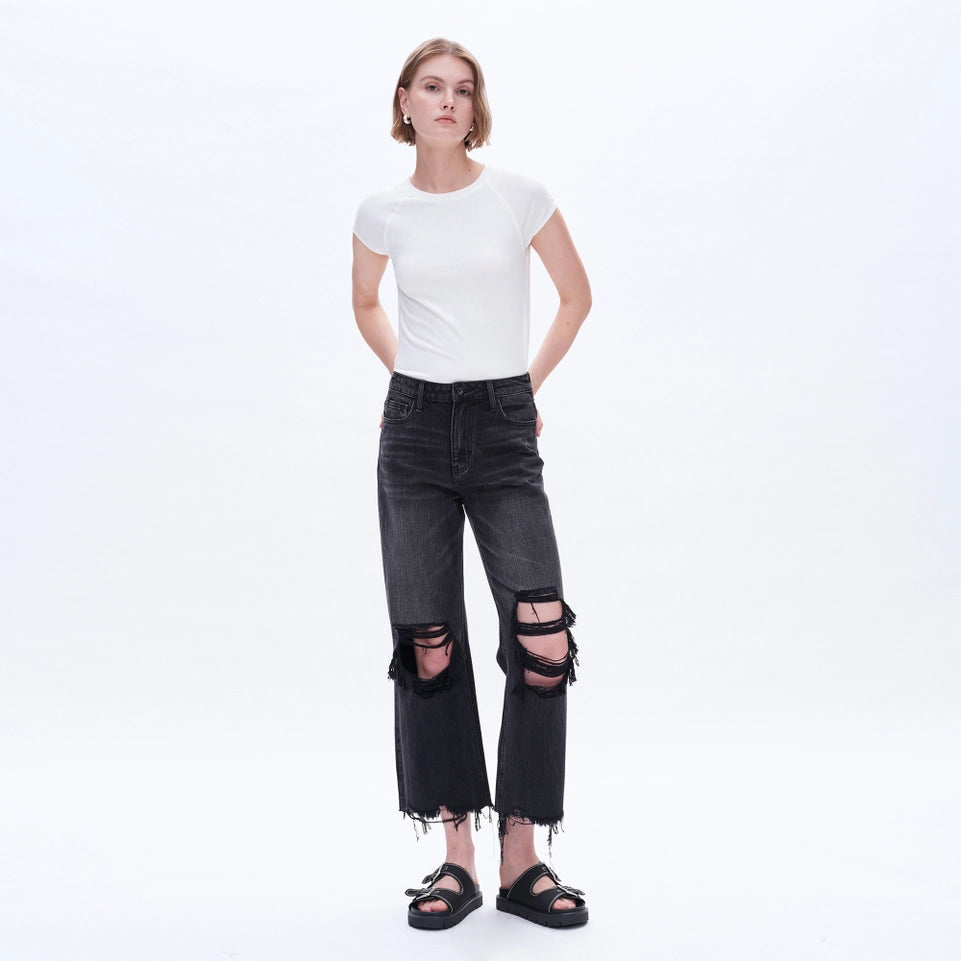 Super High Rise Flare Jeans with Raw Hem NIGHT SPIRIT-Jeans-BAYEAS-24-NIGHT SPIRIT-Urbanheer