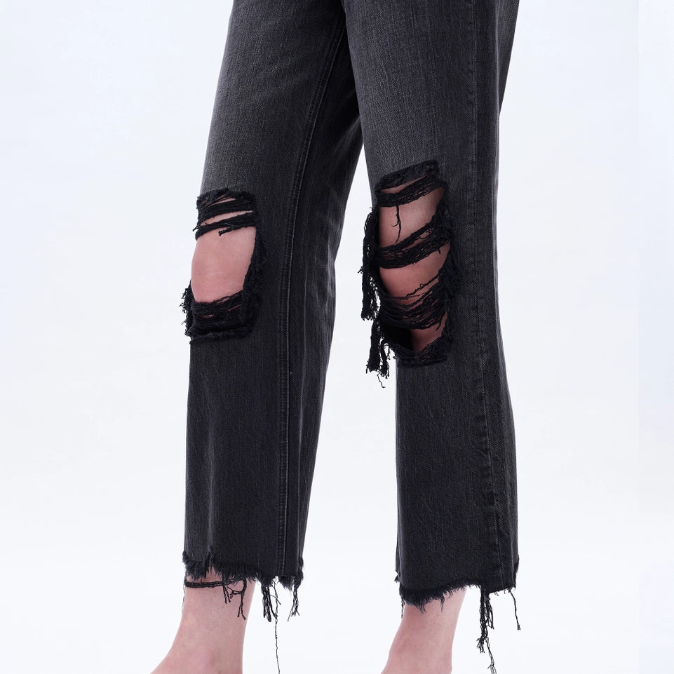Super High Rise Flare Jeans with Raw Hem NIGHT SPIRIT-Jeans-BAYEAS-24-NIGHT SPIRIT-Urbanheer
