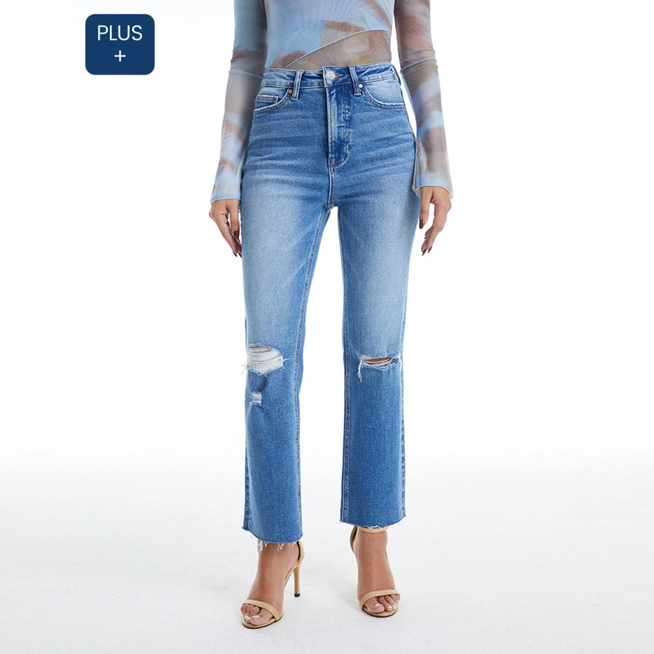 Super High Rise Slim Straight Jeans with Raw Hem SURF BLUE-Jeans-BAYEAS-14W-SURF BLUE-Urbanheer