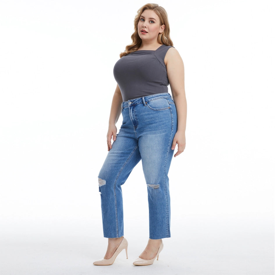 Super High Rise Slim Straight Jeans with Raw Hem SURF BLUE-Jeans-BAYEAS-14W-SURF BLUE-Urbanheer