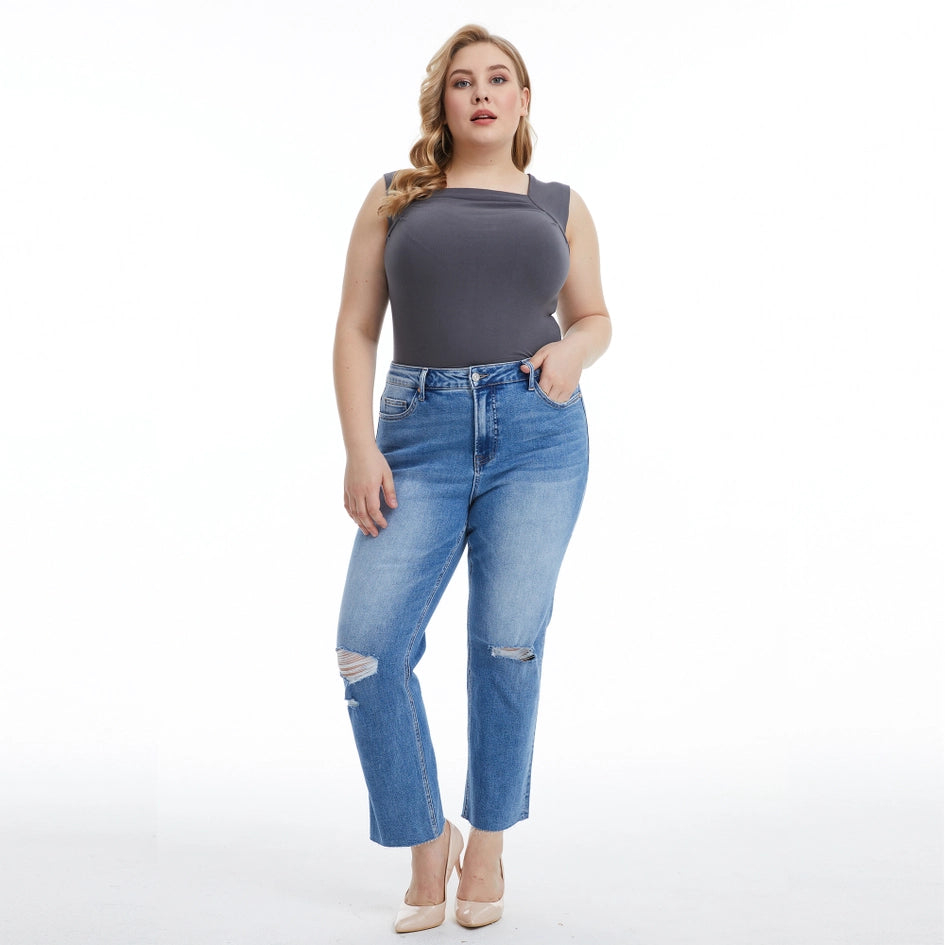 Super High Rise Slim Straight Jeans with Raw Hem SURF BLUE-Jeans-BAYEAS-14W-SURF BLUE-Urbanheer