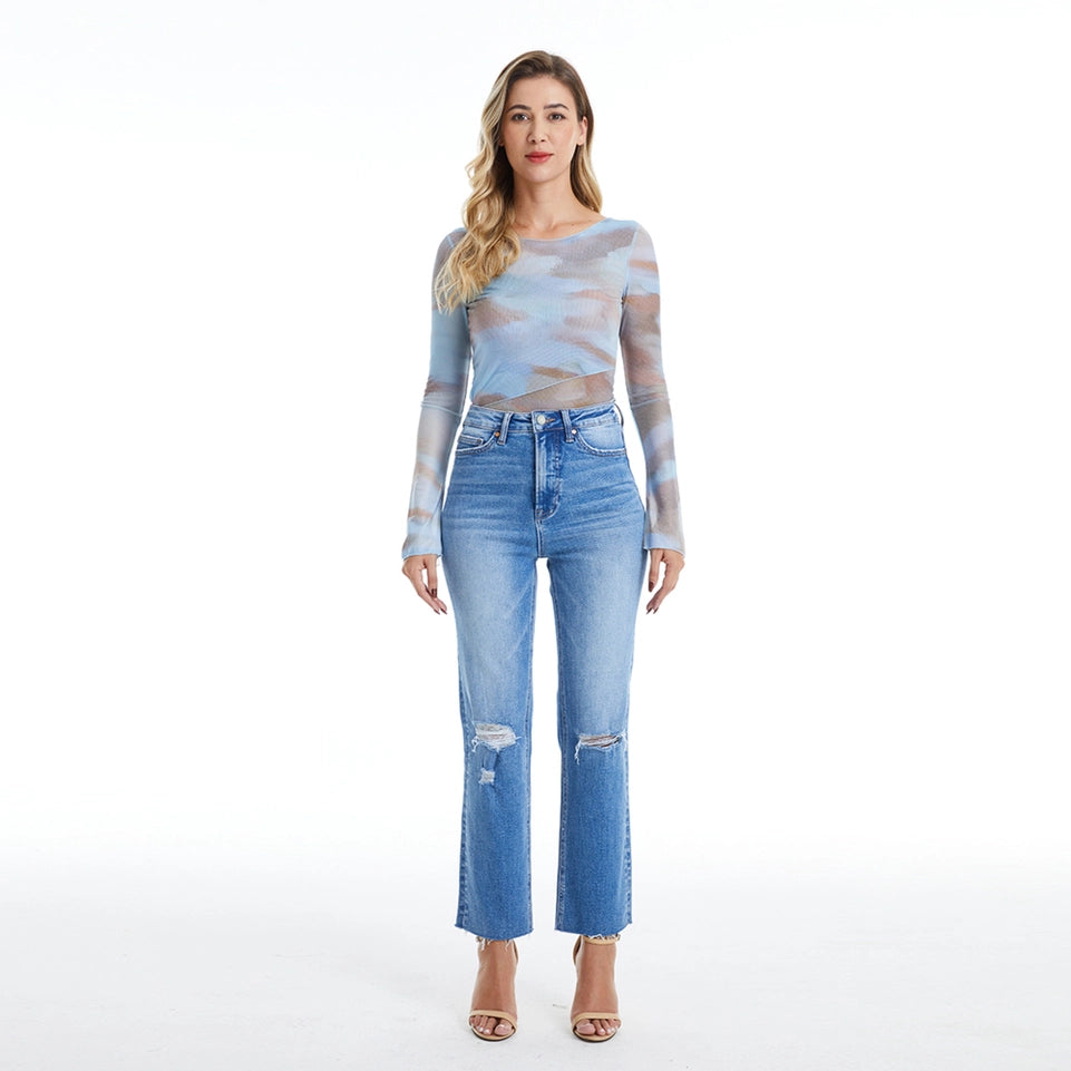 Super High Rise Slim Straight Jeans with Raw Hem SURF BLUE-Jeans-BAYEAS-24-SURF BLUE-Urbanheer