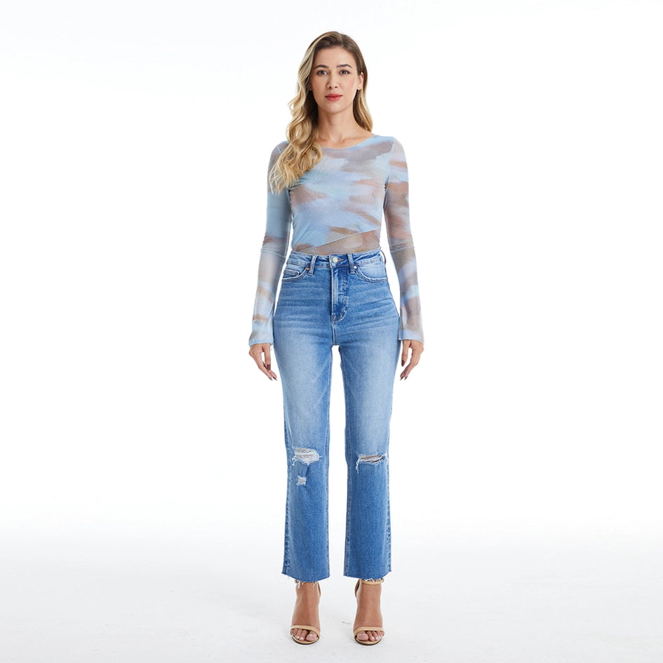 Super High Rise Slim Straight Jeans with Raw Hem SURF BLUE-Jeans-BAYEAS-14W-SURF BLUE-Urbanheer