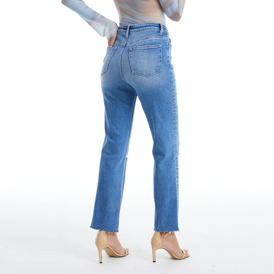 Super High Rise Slim Straight Jeans with Raw Hem SURF BLUE-Jeans-BAYEAS-24-SURF BLUE-Urbanheer