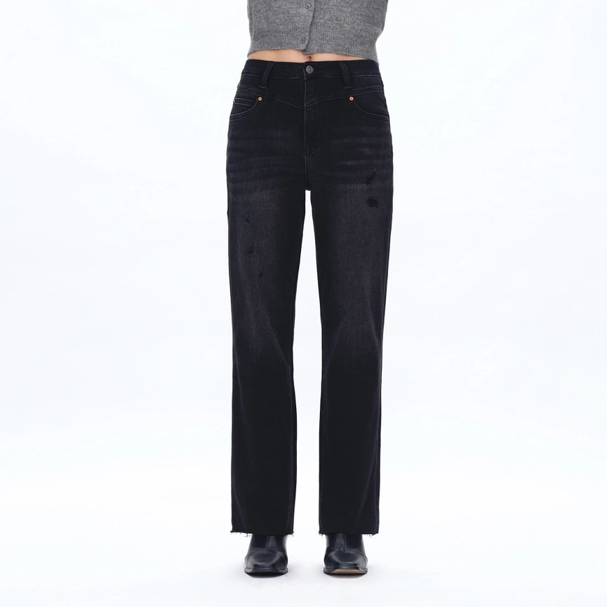 Super High Rise Straight Jeans with Raw Hem BLACK WASH-Jeans-BAYEAS-24-BLACK WASH-Urbanheer