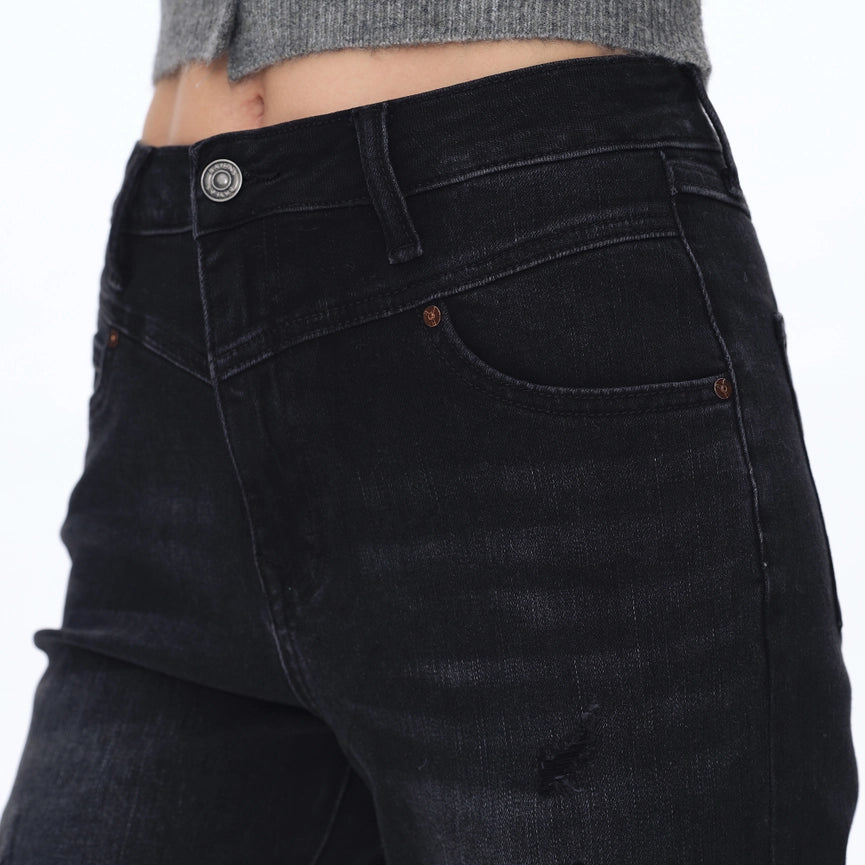 Super High Rise Straight Jeans with Raw Hem BLACK WASH-Jeans-BAYEAS-24-BLACK WASH-Urbanheer