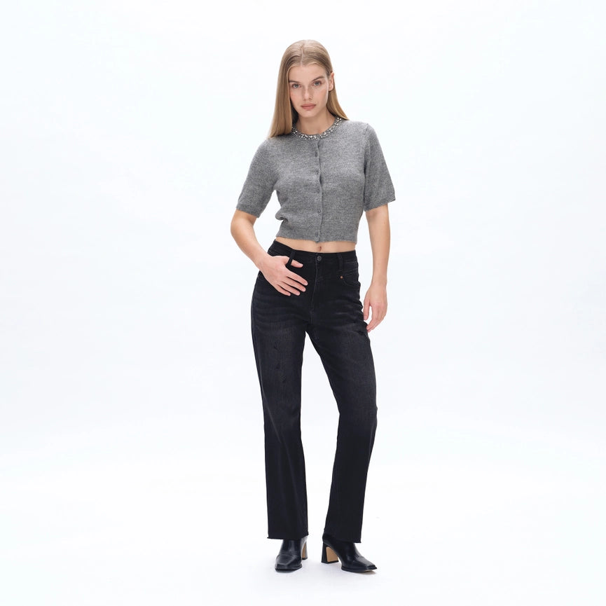 Super High Rise Straight Jeans with Raw Hem BLACK WASH-Jeans-BAYEAS-24-BLACK WASH-Urbanheer