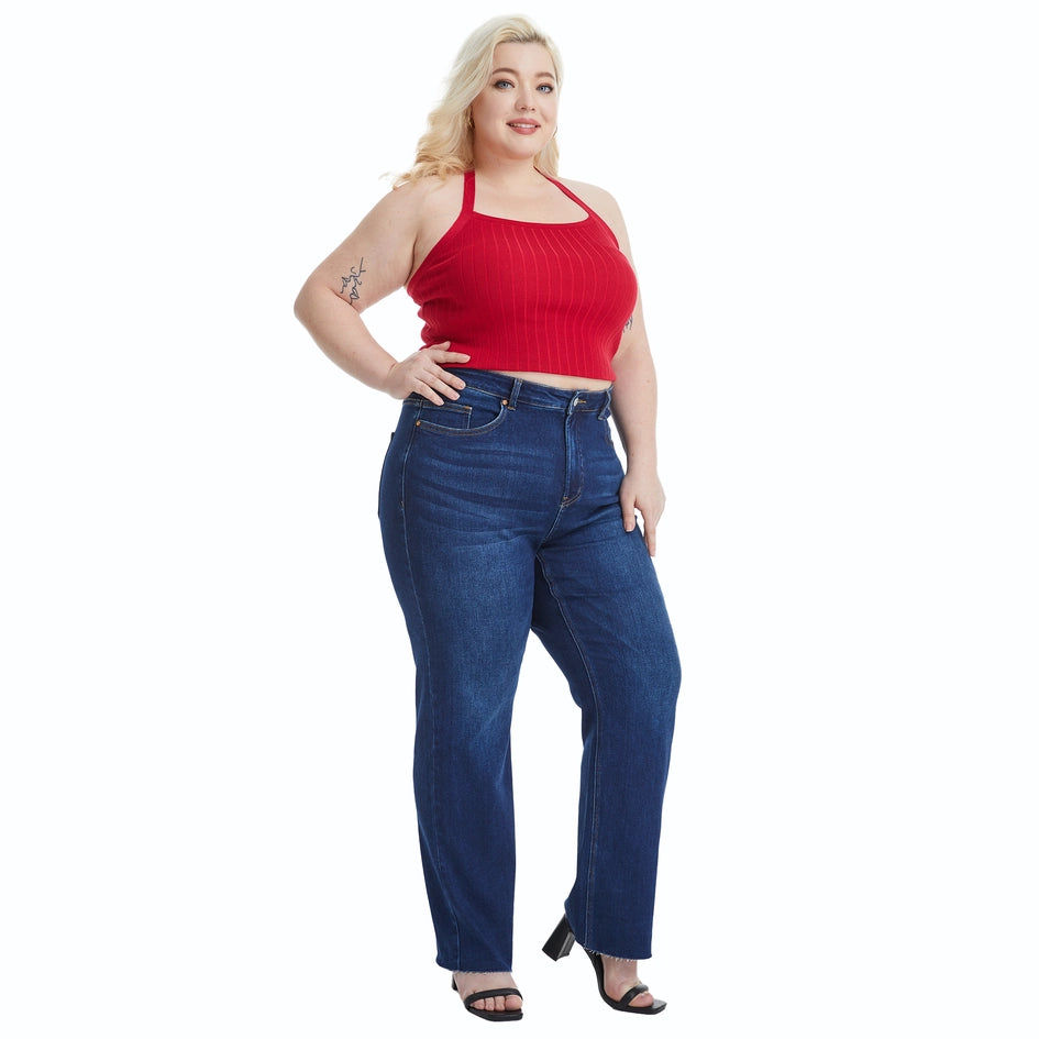 Super High Rise Straight Jeans with Raw Hem Jeans ULTRAMARINE-Jeans-BAYEAS-14W-ULTRAMARINE-Urbanheer