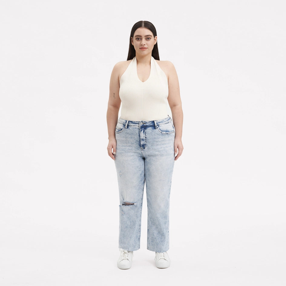 Super High Rise Straight Jeans with Raw Hem SNOWFLAKE-Jeans-BAYEAS-14W-SNOWFLAKE-Urbanheer