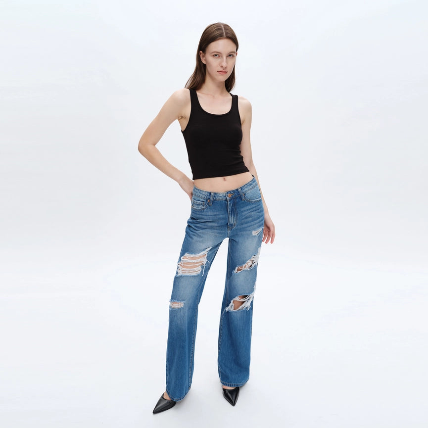 Super High Rise Wide Leg Jeans with Finished Hem VIVID BLUE-Jeans-BAYEAS-24-VIVID BLUE-Urbanheer