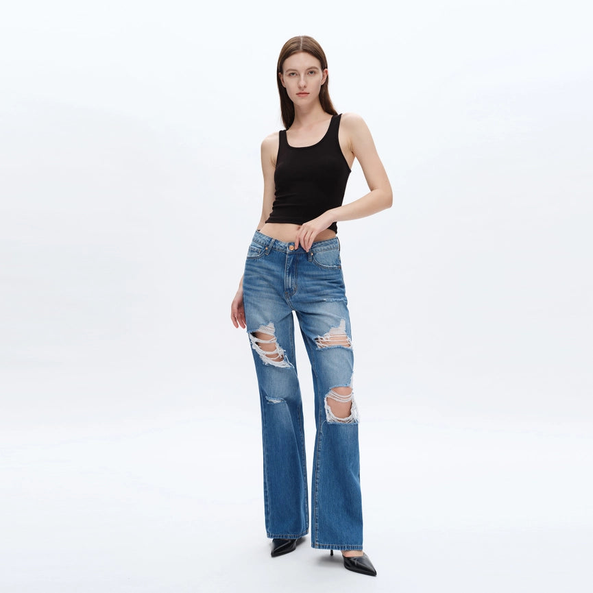 Super High Rise Wide Leg Jeans with Finished Hem VIVID BLUE-Jeans-BAYEAS-24-VIVID BLUE-Urbanheer