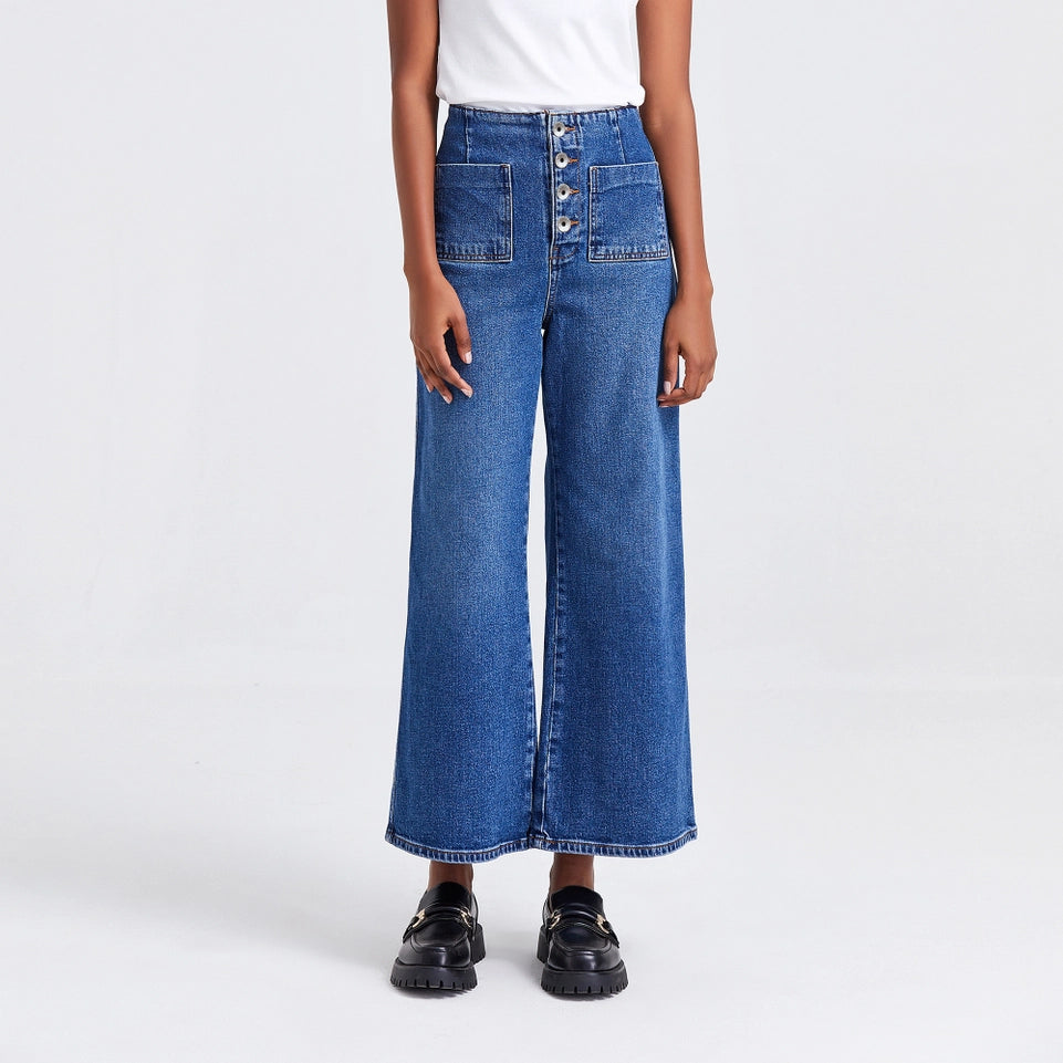Super High Rise Wide Leg Jeans(Button Fly) DARK BLUE-Jeans-BAYEAS-24-DARK BLUE-Urbanheer