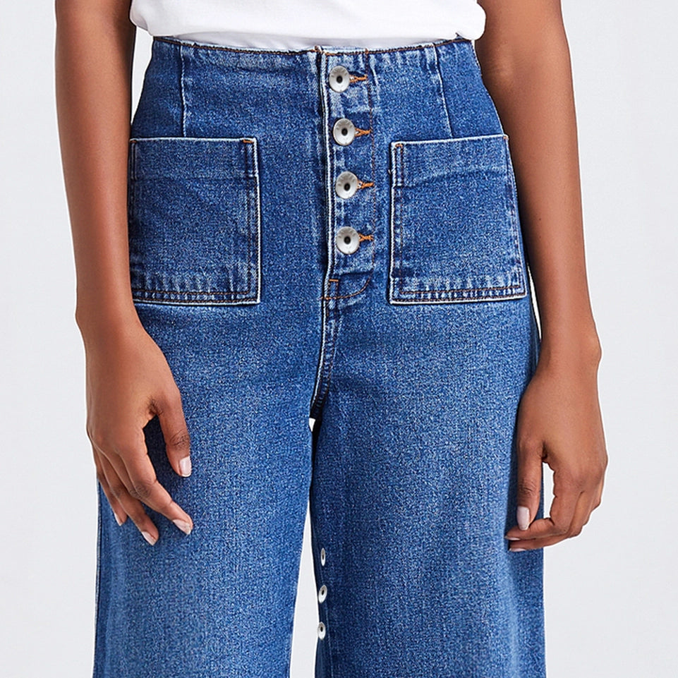 Super High Rise Wide Leg Jeans(Button Fly) DARK BLUE-Jeans-BAYEAS-24-DARK BLUE-Urbanheer
