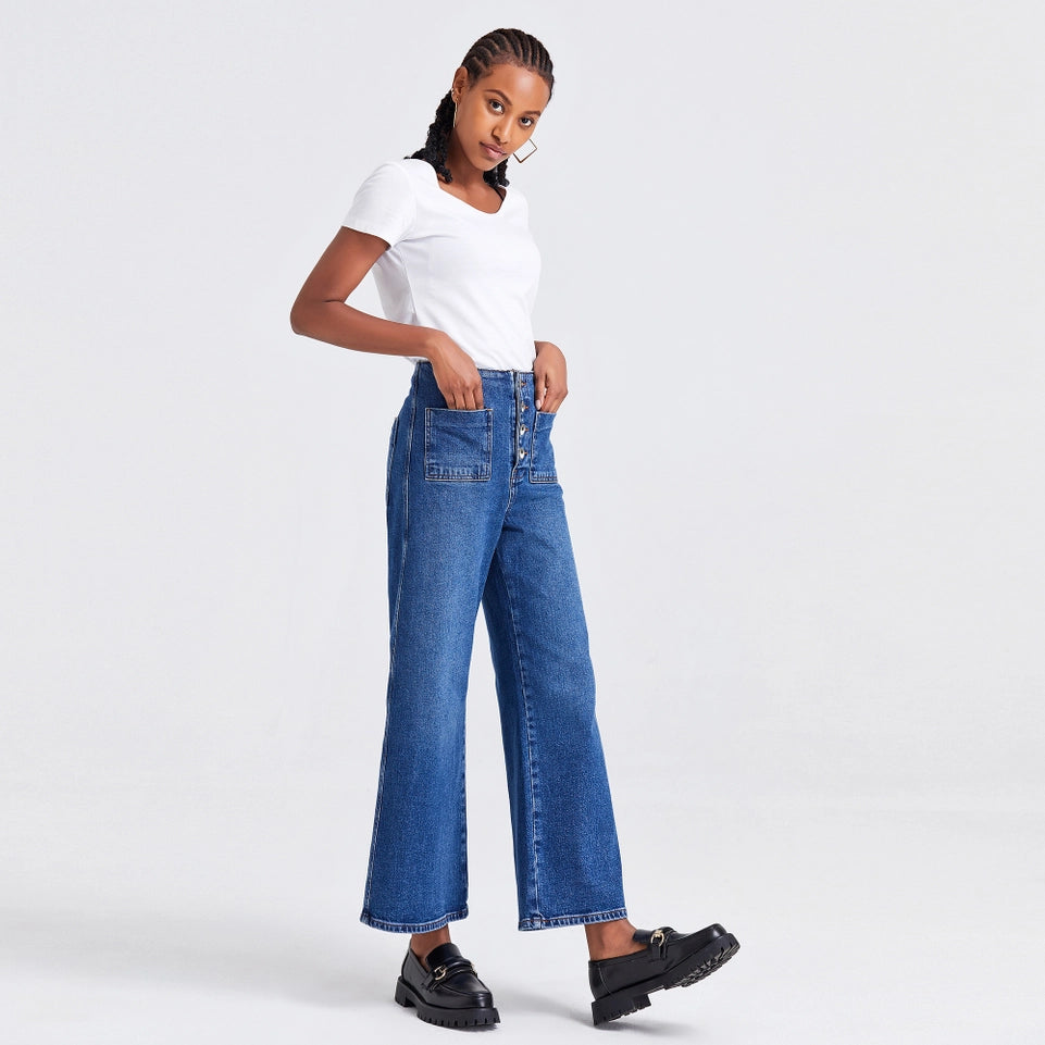 Super High Rise Wide Leg Jeans(Button Fly) DARK BLUE-Jeans-BAYEAS-24-DARK BLUE-Urbanheer