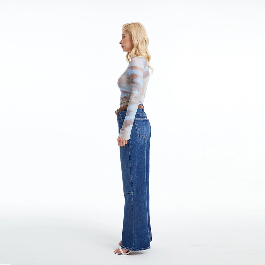 Super High Rise Wide Leg Jeans(Finished Hem,Slit) DEEP SEA-Jeans-BAYEAS-24-DEEP SEA-Urbanheer