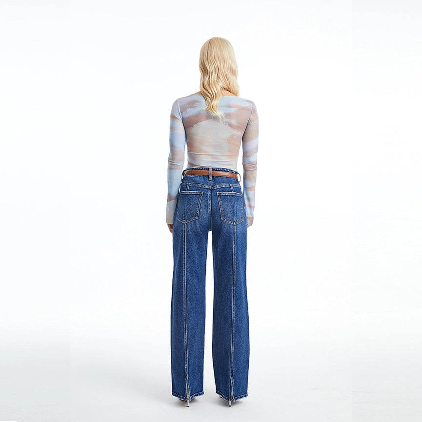 Super High Rise Wide Leg Jeans(Finished Hem,Slit) DEEP SEA-Jeans-BAYEAS-24-DEEP SEA-Urbanheer
