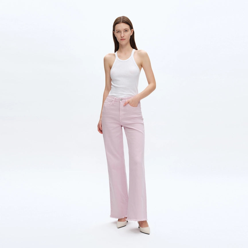 Super High Rise Wide Leg Twill Pants with Raw Hem LIGHT PURPLE-Pants-BAYEAS-24-LIGHT PURPLE-Urbanheer