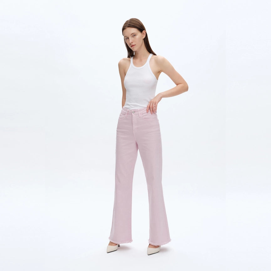 Super High Rise Wide Leg Twill Pants with Raw Hem LIGHT PURPLE-Pants-BAYEAS-24-LIGHT PURPLE-Urbanheer