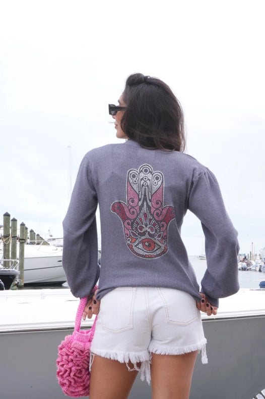 Sweater, Cardigan Puff Shoulder Gray, Pink/Orange Hamsa-Sweater-Moving Forward Designs-S-Urbanheer