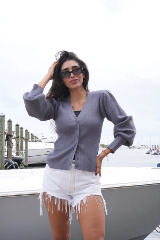 Sweater, Cardigan Puff Shoulder Gray, Pink/Orange Hamsa-Sweater-Moving Forward Designs-S-Urbanheer