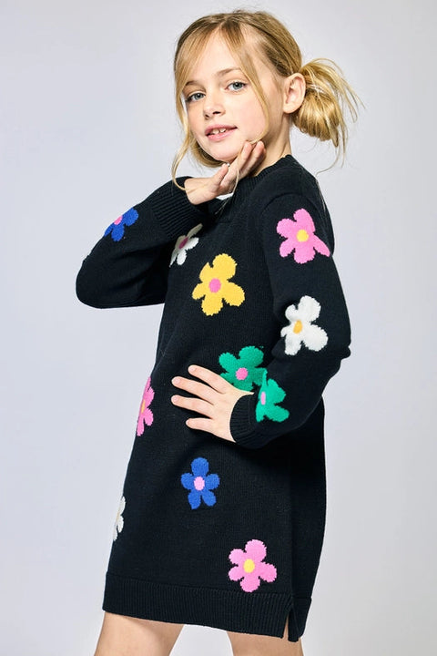 Sweater Dress with Colorful Flowers-Dress-Hannah Banana-7-BLK MULTI-Urbanheer