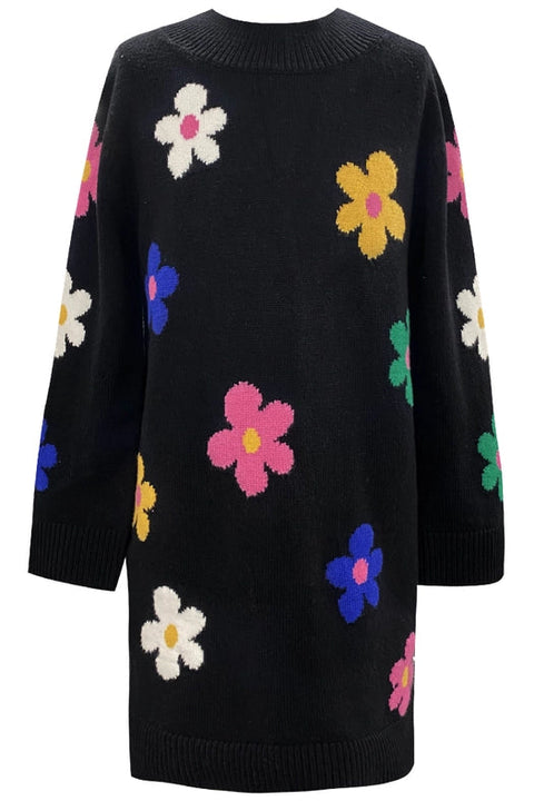 Sweater Dress with Colorful Flowers-Dress-Hannah Banana-7-BLK MULTI-Urbanheer