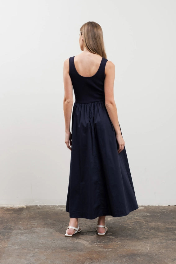 Sweater Knit Tank Top Mixed Media Midi Dress NAVY-Dress-Moon River-XS-NAVY-Urbanheer