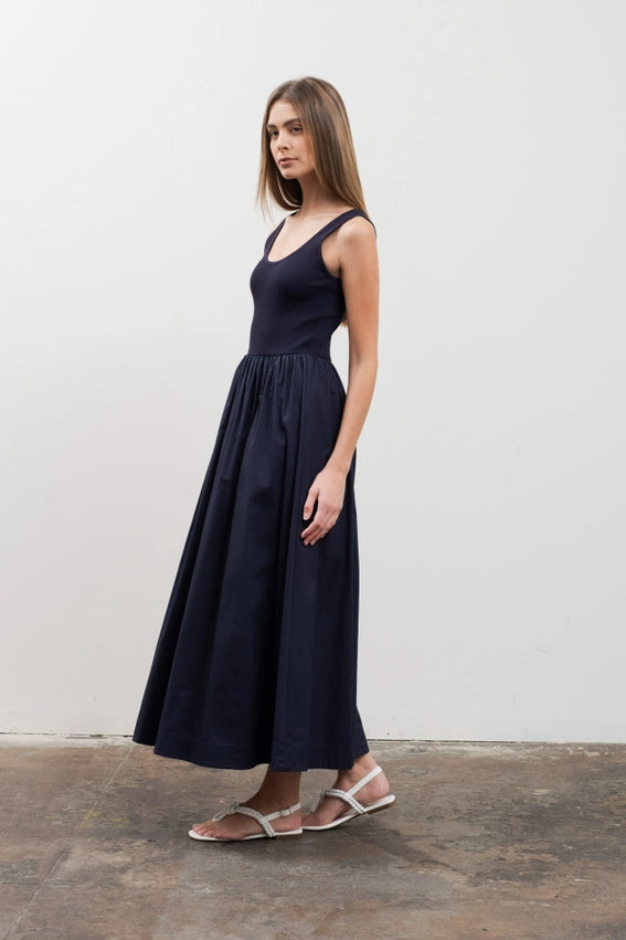 Sweater Knit Tank Top Mixed Media Midi Dress NAVY-Dress-Moon River-XS-NAVY-Urbanheer