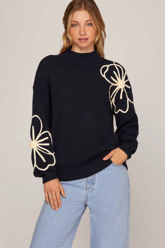 Sweater Top with Flower Embellishments NAVY-Sweater Top-Peace Love Line-S/M-Urbanheer