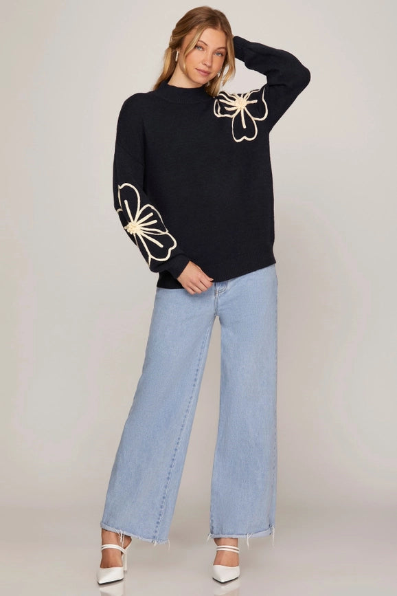Sweater Top with Flower Embellishments NAVY-Sweater Top-Peace Love Line-S/M-Urbanheer