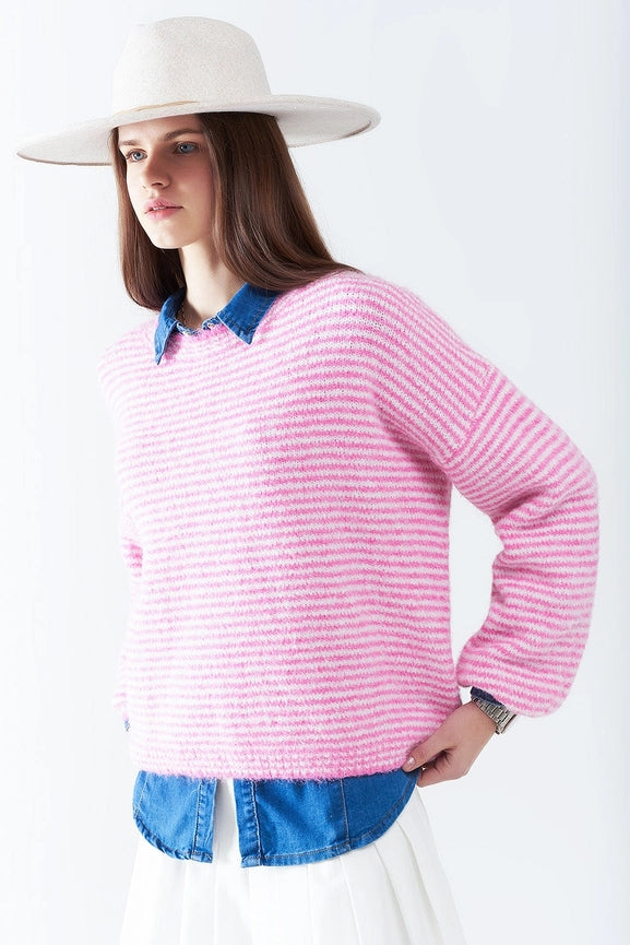 Sweater in Pink with White Stripes-Sweater-Q2-One Size-PINK-Urbanheer