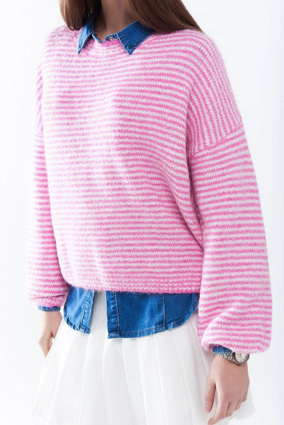 Sweater in Pink with White Stripes-Sweater-Q2-One Size-PINK-Urbanheer