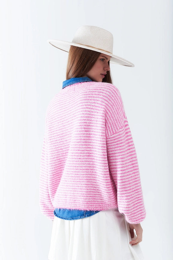 Sweater in Pink with White Stripes-Sweater-Q2-One Size-PINK-Urbanheer