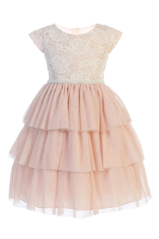 Sweet Lace & Tiered Mesh with Pearl Waist-Dress-Sweet Kids, Inc.-3-Blush-Urbanheer