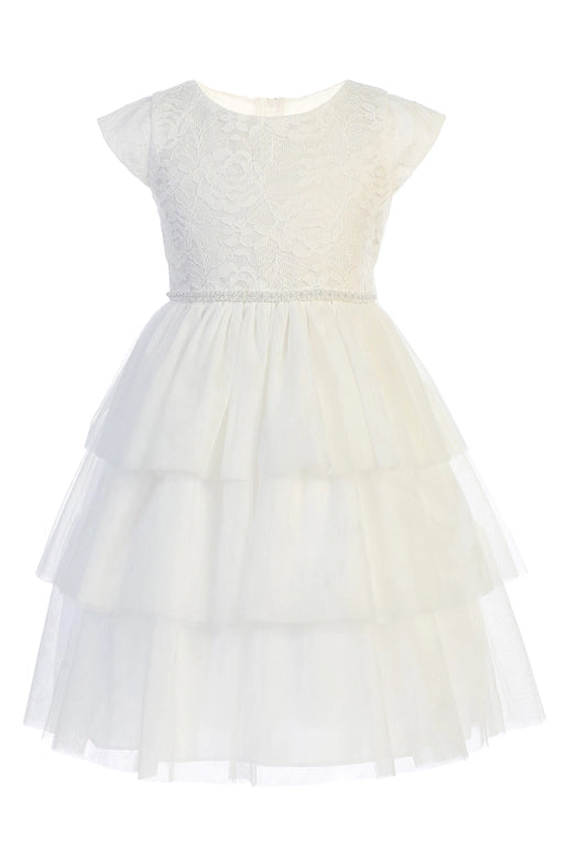 Sweet Lace & Tiered Mesh with Pearl Waist-Dress-Sweet Kids, Inc.-3-Off White-Urbanheer