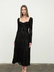 Sweetheart Neck Long Sleeve Lace Midi Dress