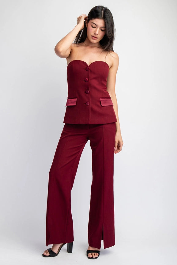 Sweetheart Woven Tailored Tube Top W Satin Contrast Burgundy-Top-Edit by Nine-S-Urbanheer