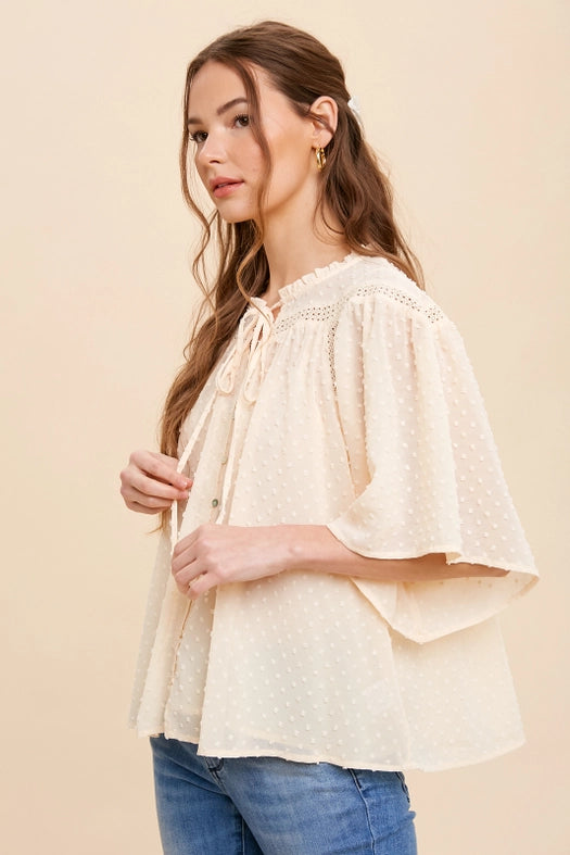 Swiss Dot Chiffon Button Front Blouse BUTTERCREAM-Blouse-In Loom-S-Urbanheer