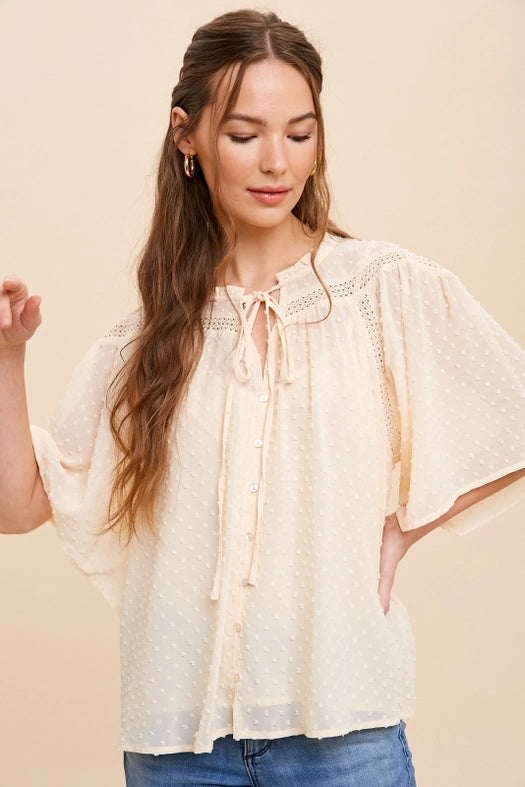 Swiss Dot Chiffon Button Front Blouse BUTTERCREAM-Blouse-In Loom-S-Urbanheer
