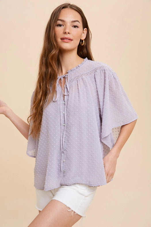 Swiss Dot Chiffon Button Front Blouse DOVE GREY-Blouse-In Loom-S-Urbanheer
