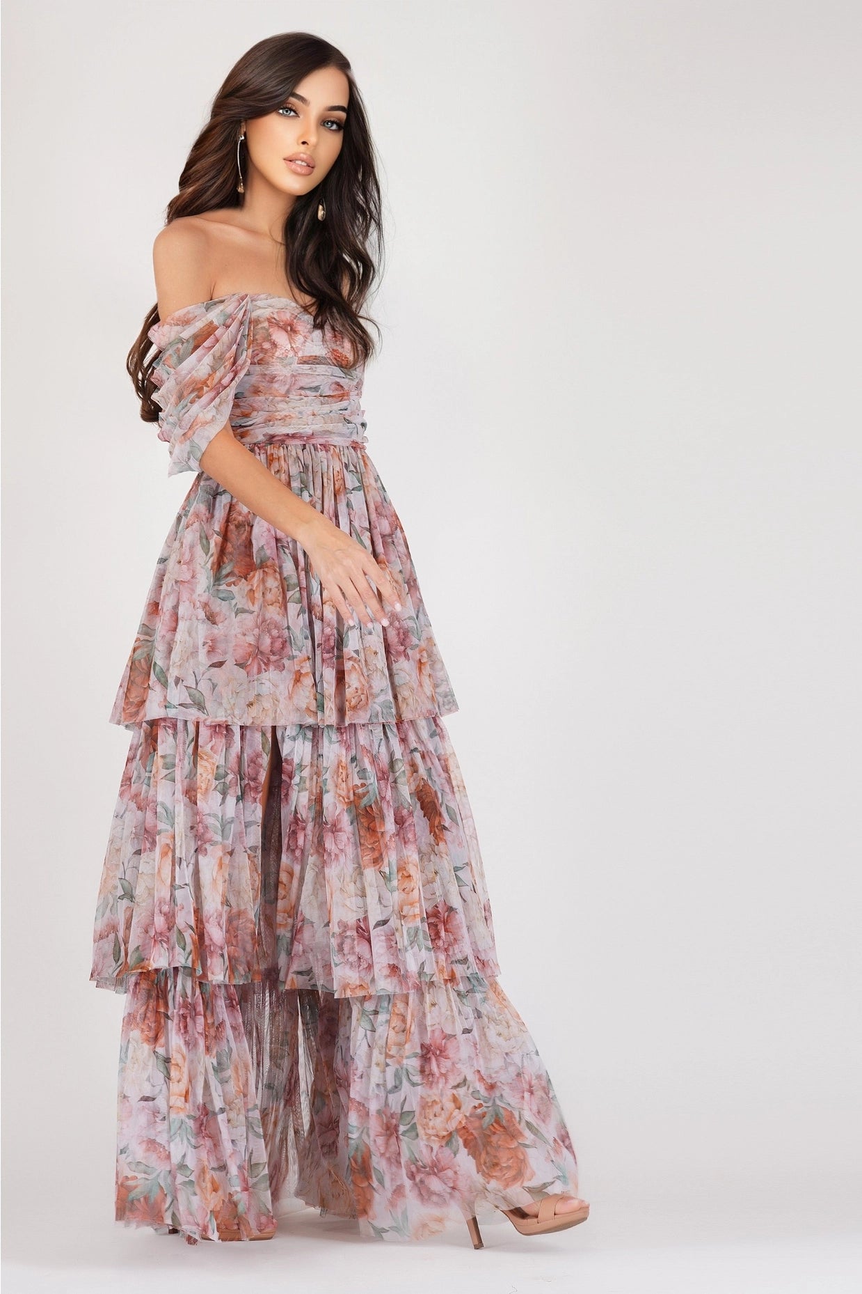 Sydney Off Shoulder Tulle Maxi Dress in Brown Floral-Lace & Beads-6-Urbanheer