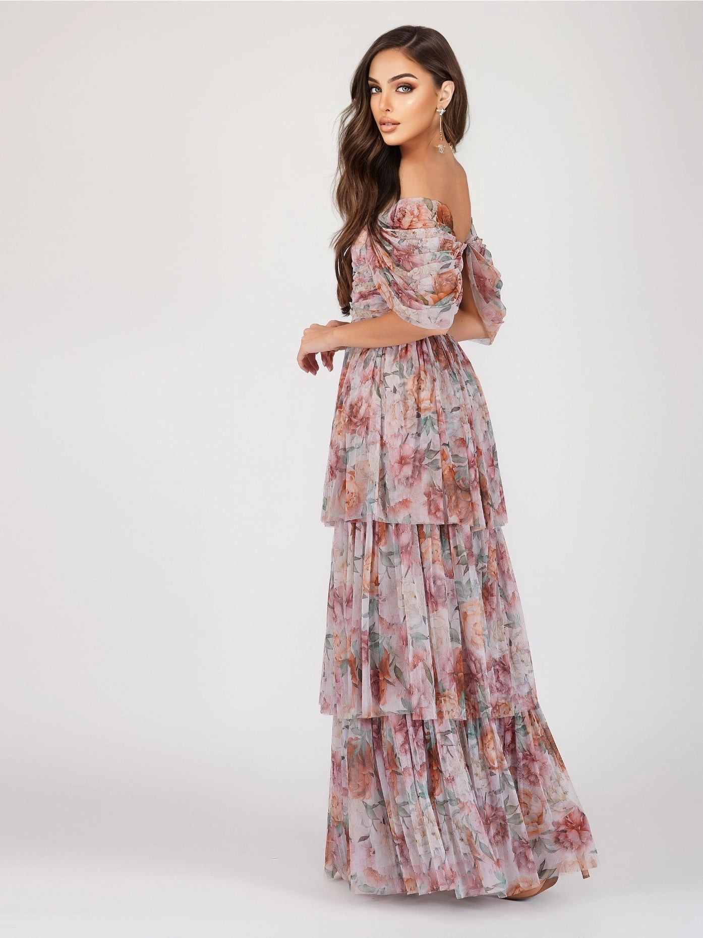 Sydney Off Shoulder Tulle Maxi Dress in Brown Floral-Lace & Beads-6-Urbanheer