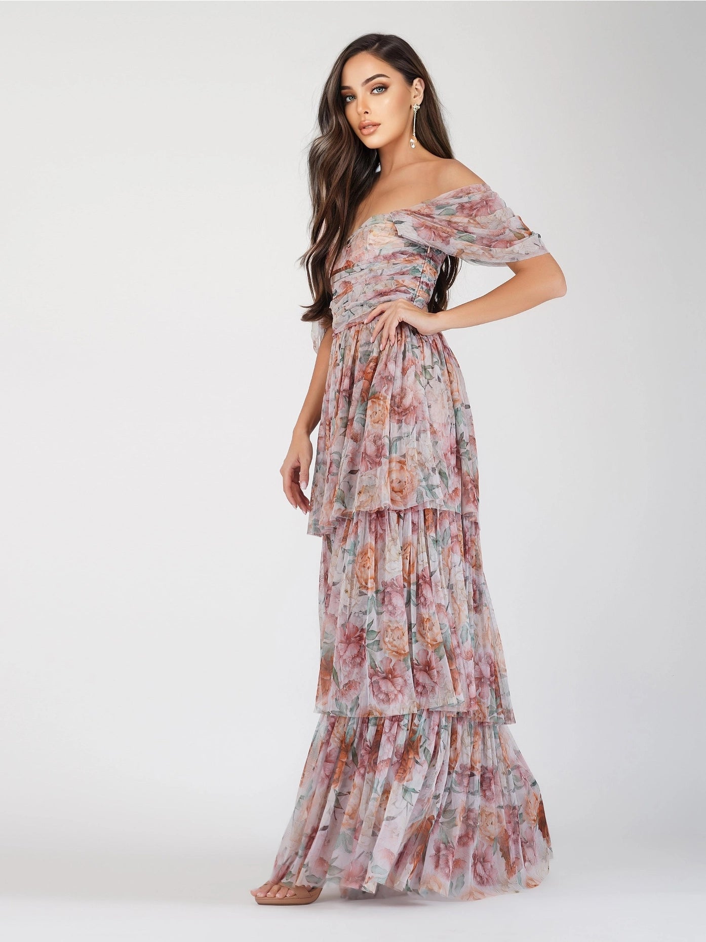 Sydney Off Shoulder Tulle Maxi Dress in Brown Floral-Lace & Beads-6-Urbanheer