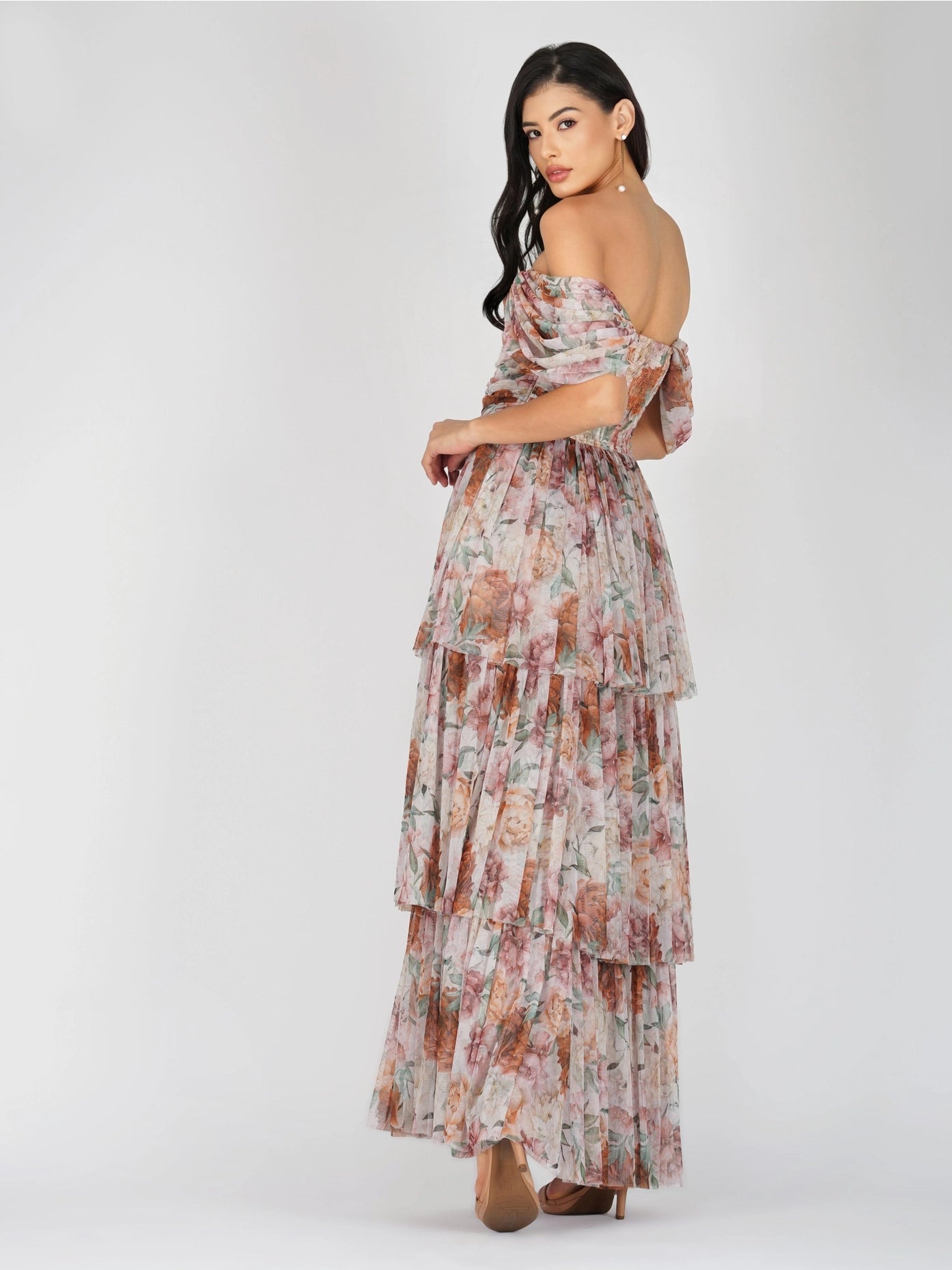 Sydney Off Shoulder Tulle Maxi Dress in Brown Floral-Lace & Beads-6-Urbanheer