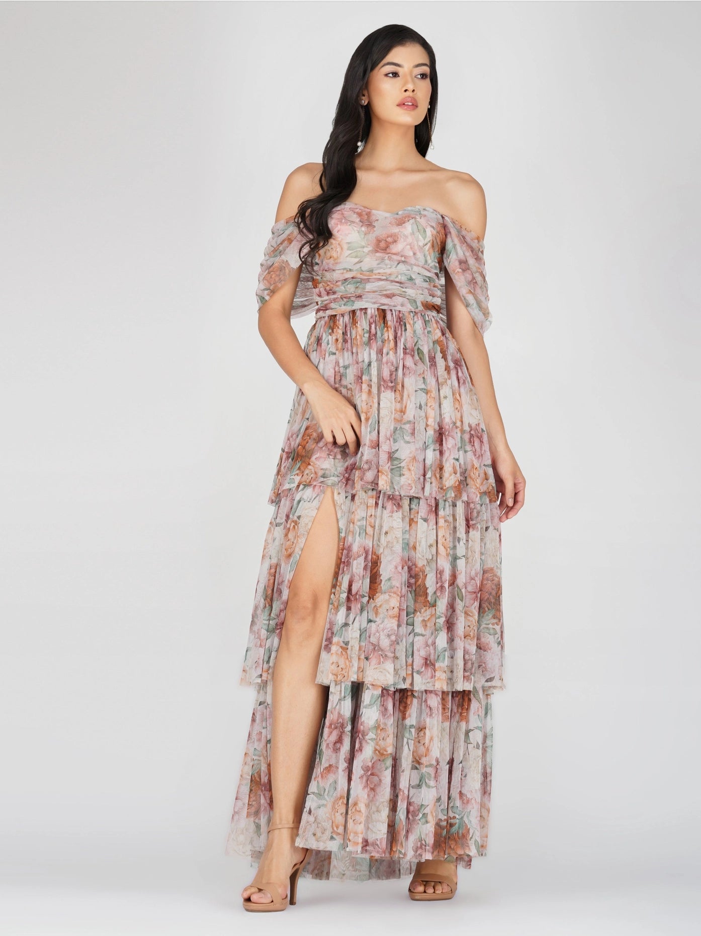 Sydney Off Shoulder Tulle Maxi Dress in Brown Floral-Lace & Beads-6-Urbanheer