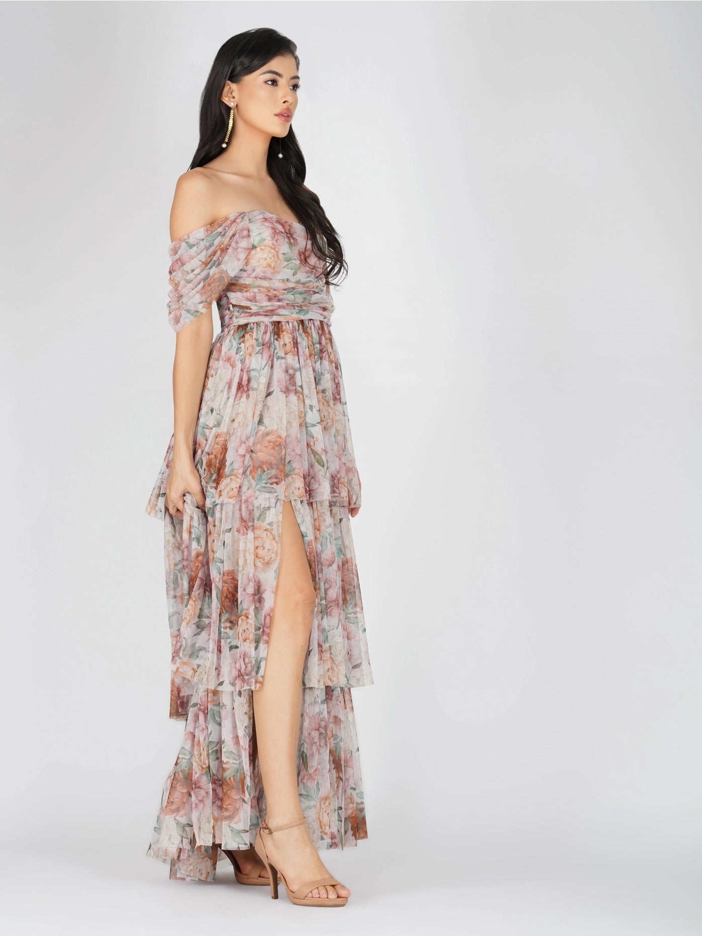 Sydney Off Shoulder Tulle Maxi Dress in Brown Floral-Lace & Beads-6-Urbanheer