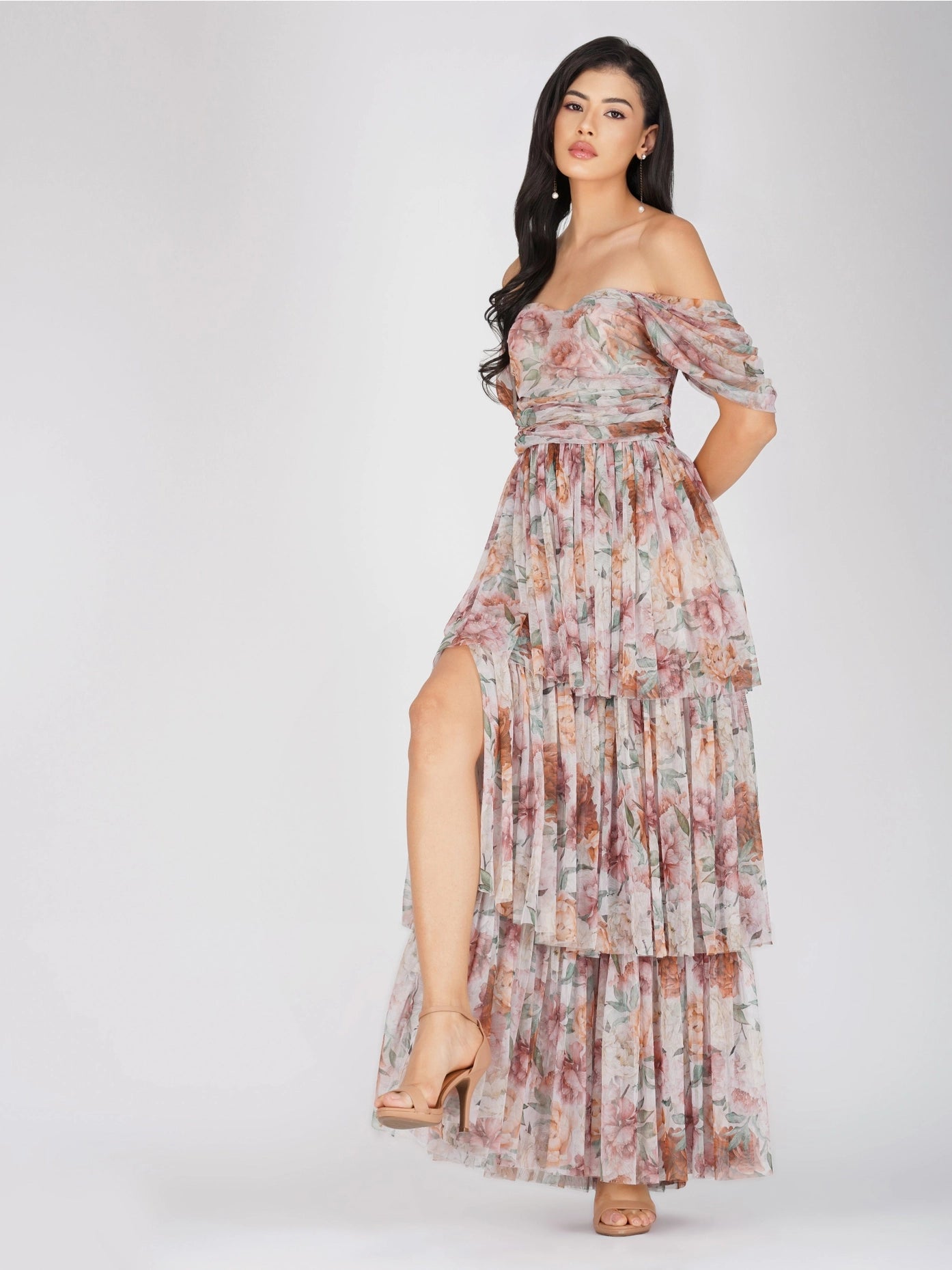 Sydney Off Shoulder Tulle Maxi Dress in Brown Floral-Lace & Beads-6-Urbanheer